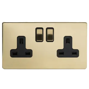 13A 2 Gang Double Pole Plug Socket Brushed Brass