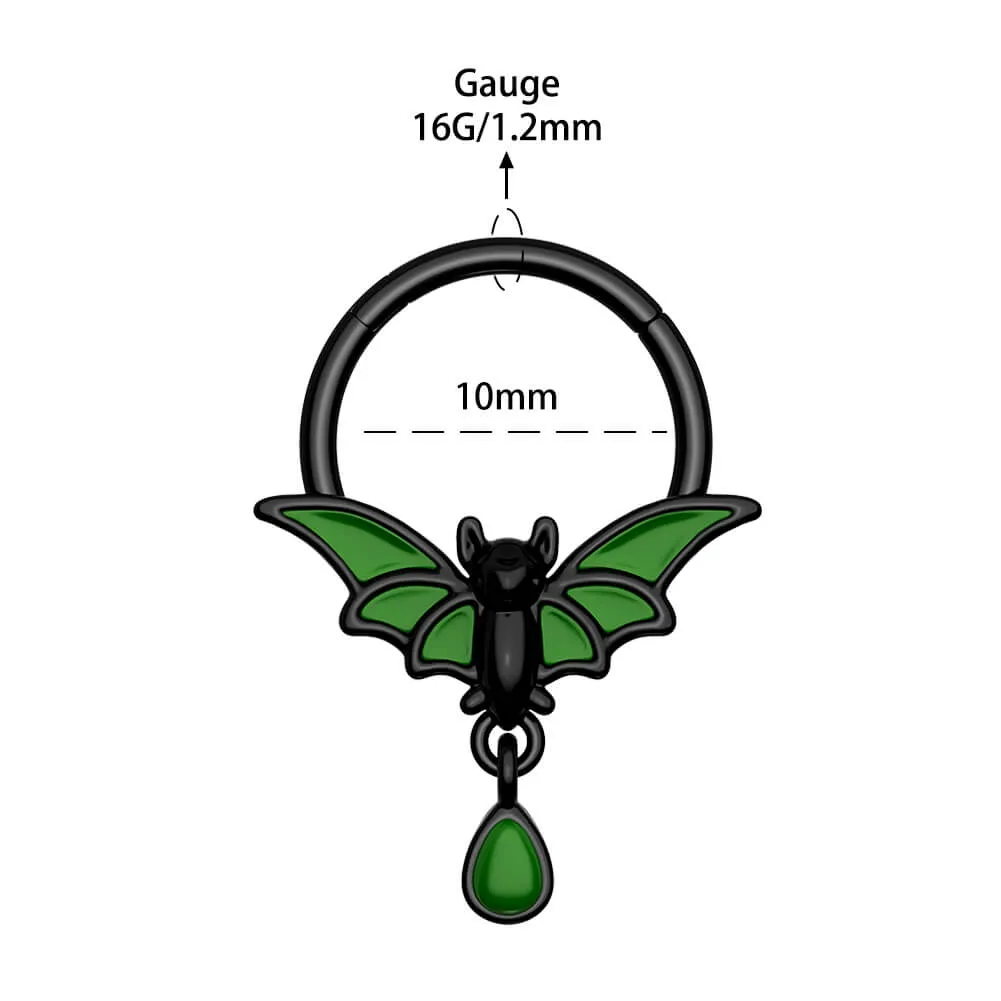 16G Glow in the Night (Only Green) Dangle Bat Hinged Segment Septum Ring