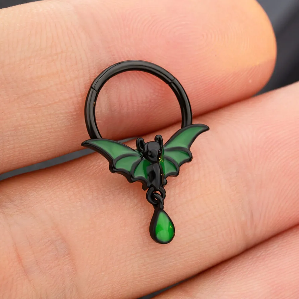16G Glow in the Night (Only Green) Dangle Bat Hinged Segment Septum Ring