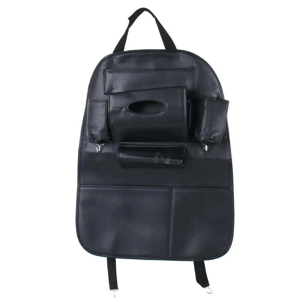 (62x48cm) Car Leather Seat Storage Hanging Bag Organizer Back Seat Bag Backrest Protection - Black