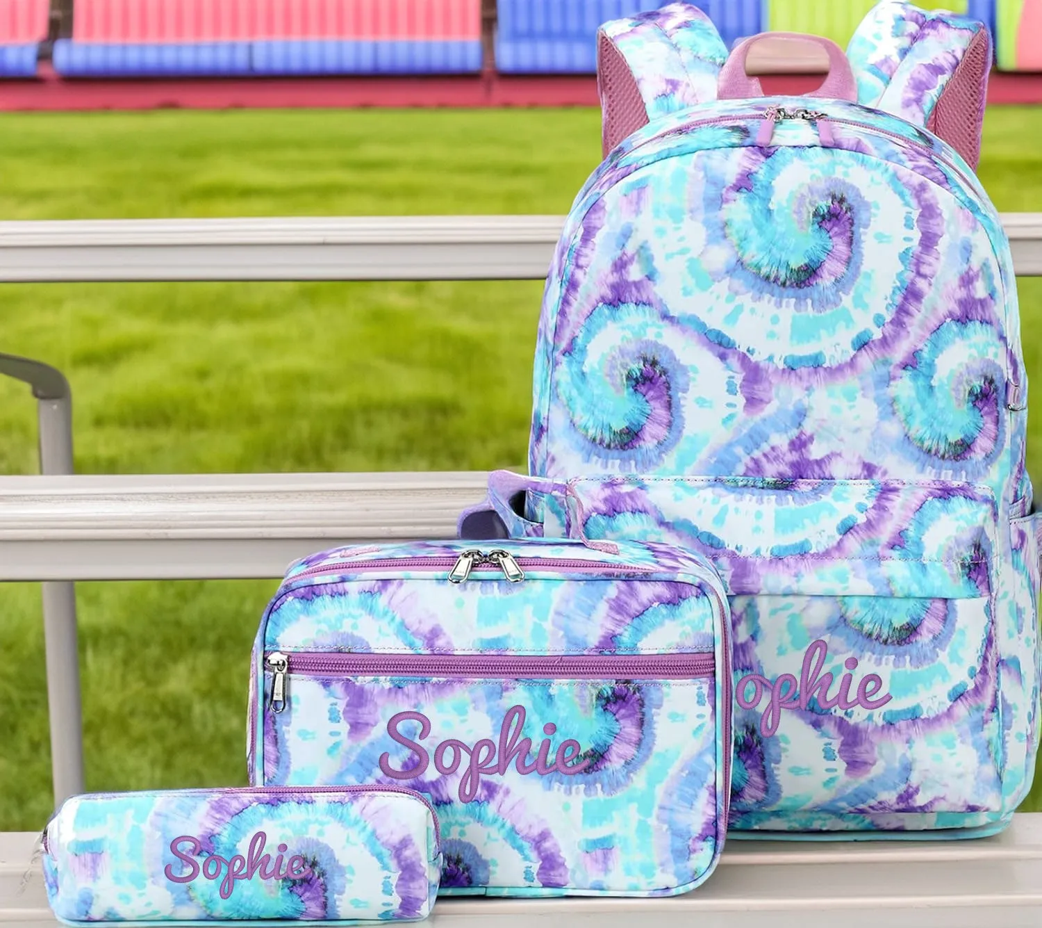 Backpack, Lunchbox & Pencil Bag Set, Purple & Blue Tie Dye