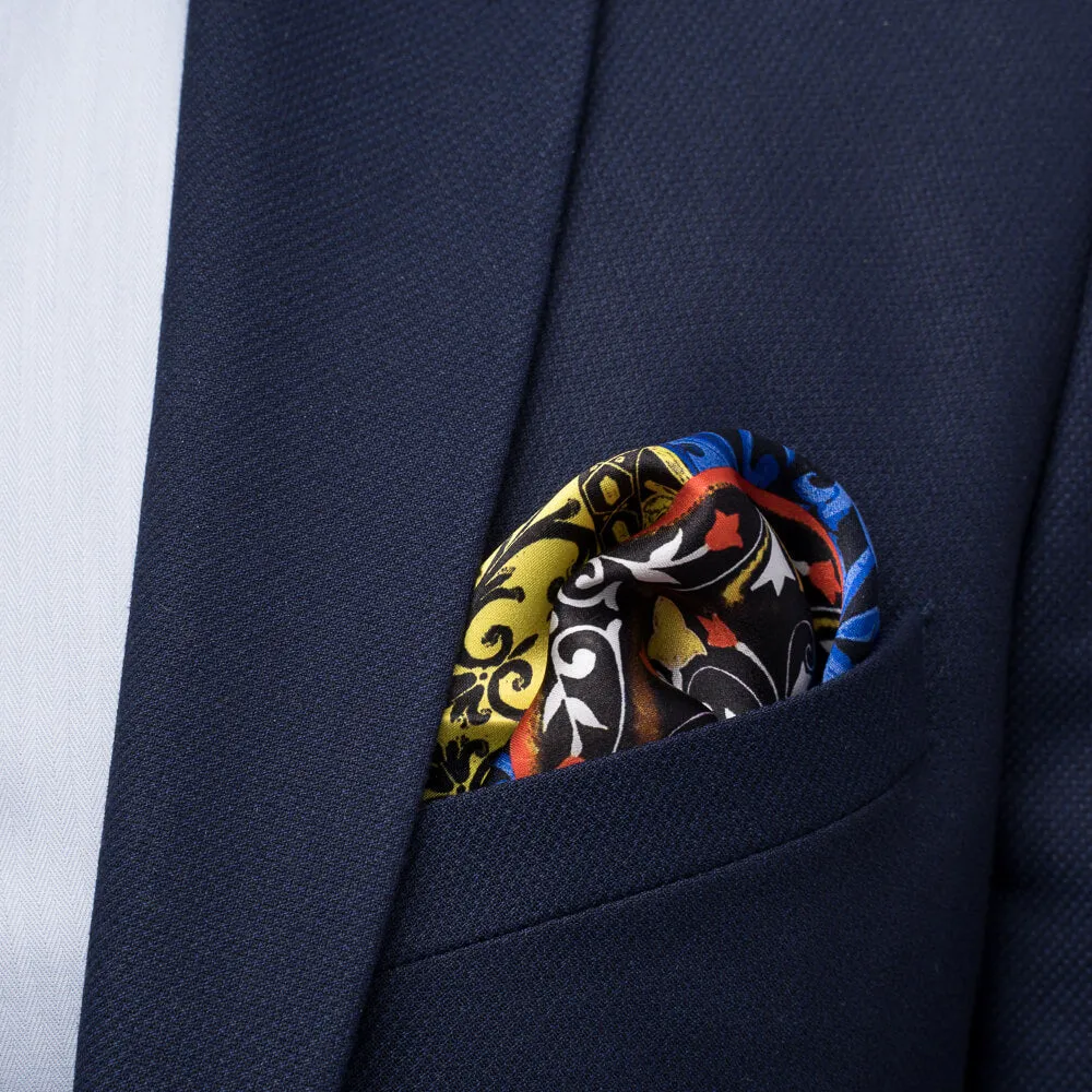 Baroque Ceramic Royal Blue and Yellow Silk Pocket Square