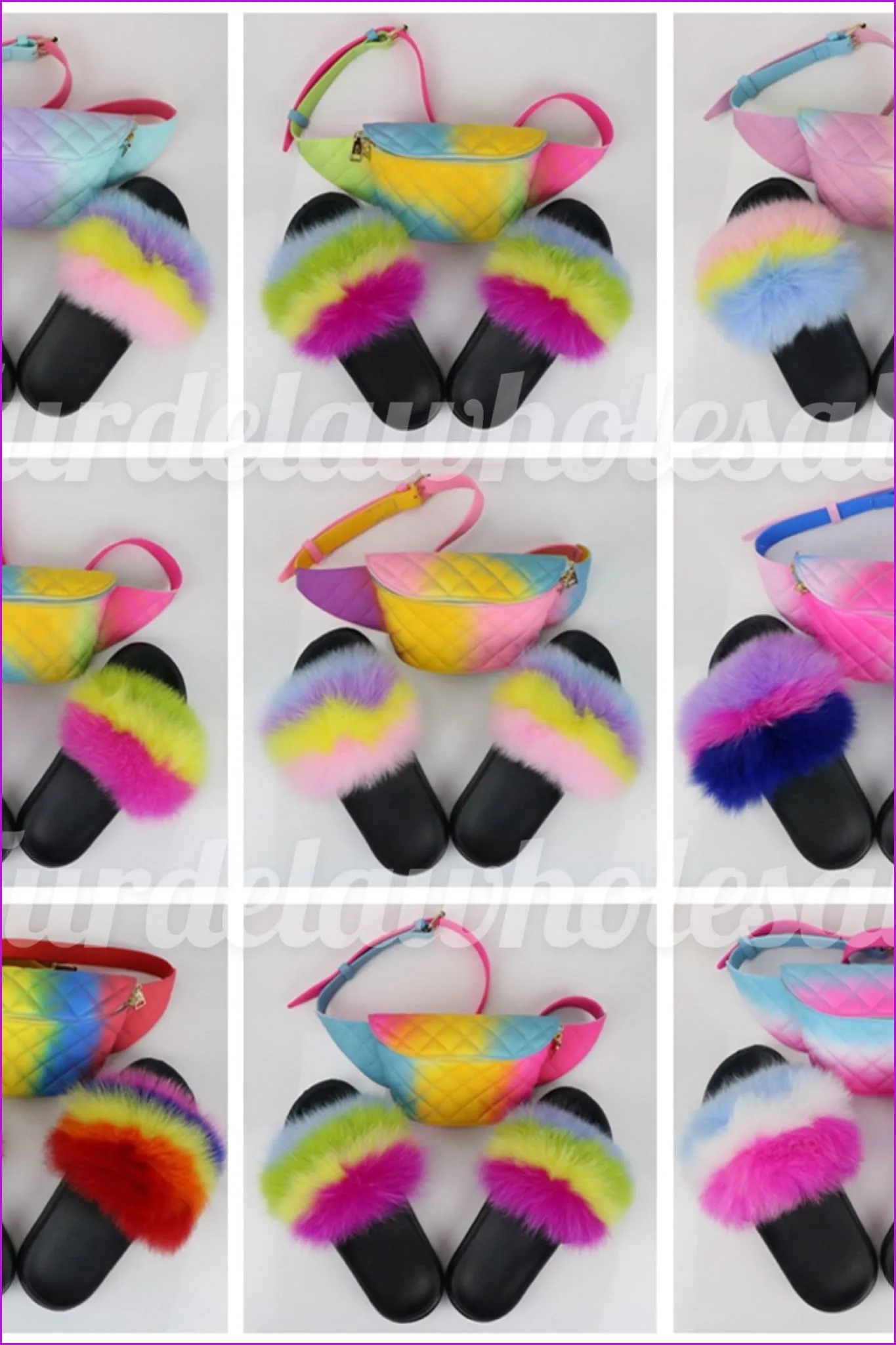 Blue White Pink Fur Slides & Waist Bag Set #4 F952
