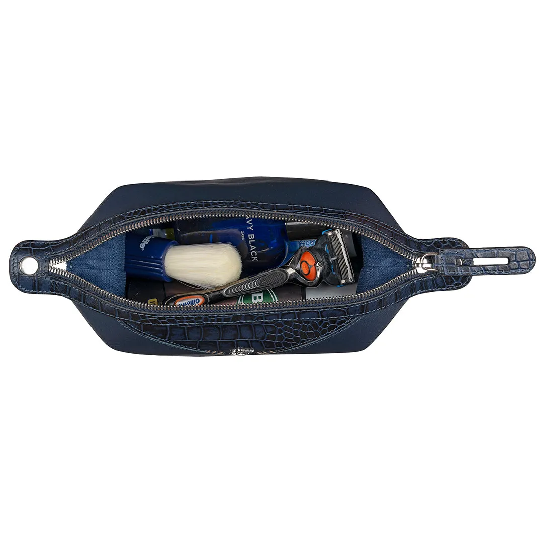 Bom Leather Toiletry / Shaving Kit Bag | For Carrying Grooming Essentials & Travel  | Color: Croco Navy Blue