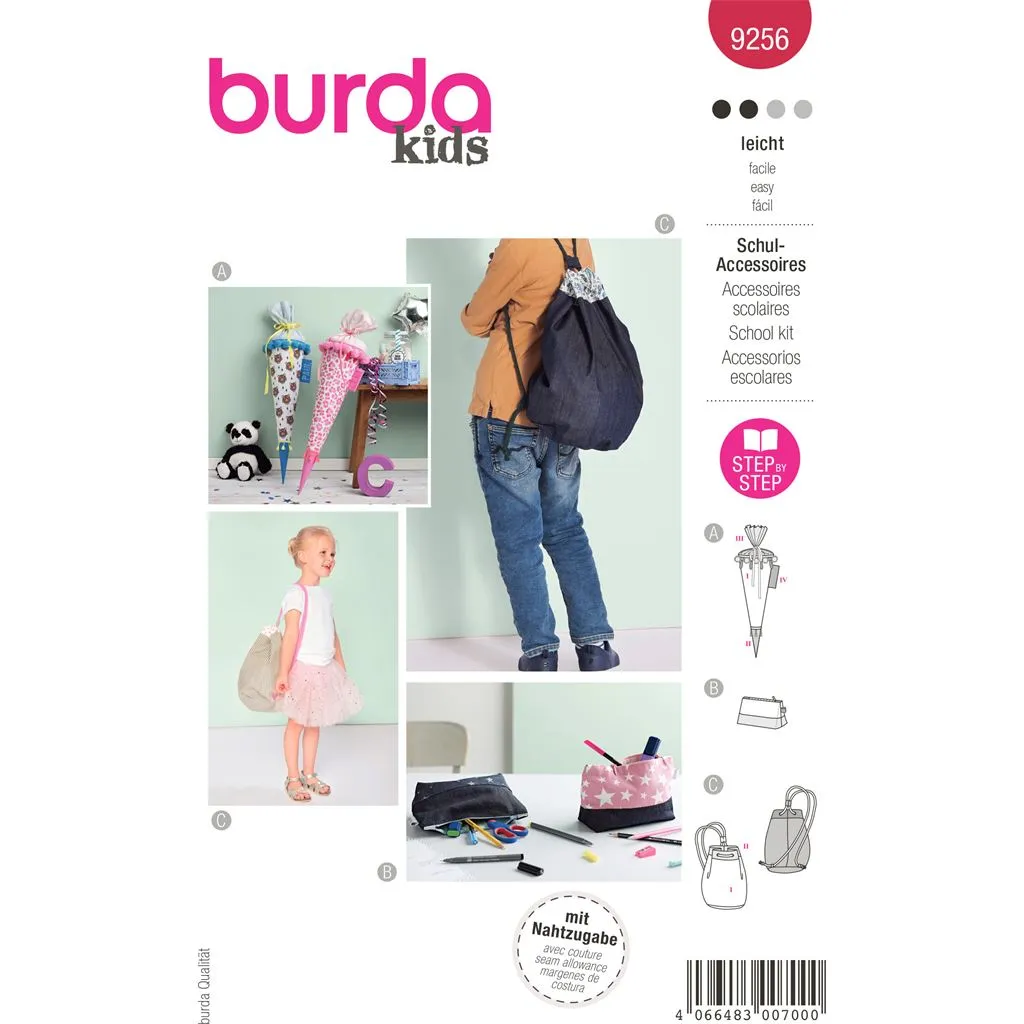 Burda Style Pattern 9256 School Cone, Pencil Case and Gym Bag B9256