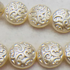 Button Coin Czech Beads,  Cream Pearl 13mm