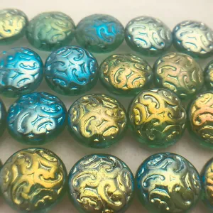 Button Coin Czech Beads, Emerald 2AB Ornamentall 13mm