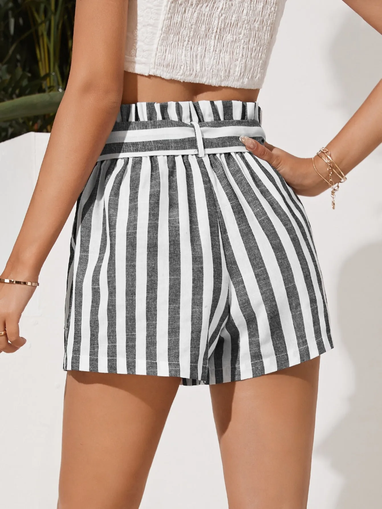 Casual Striped Paper Bag Waist High Waist Women Shorts