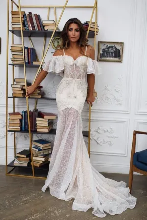 Chic Trumpet/Mermaid Spaghetti Straps Long Prom Dresses Modest Lace Wedding Dresses APW0264