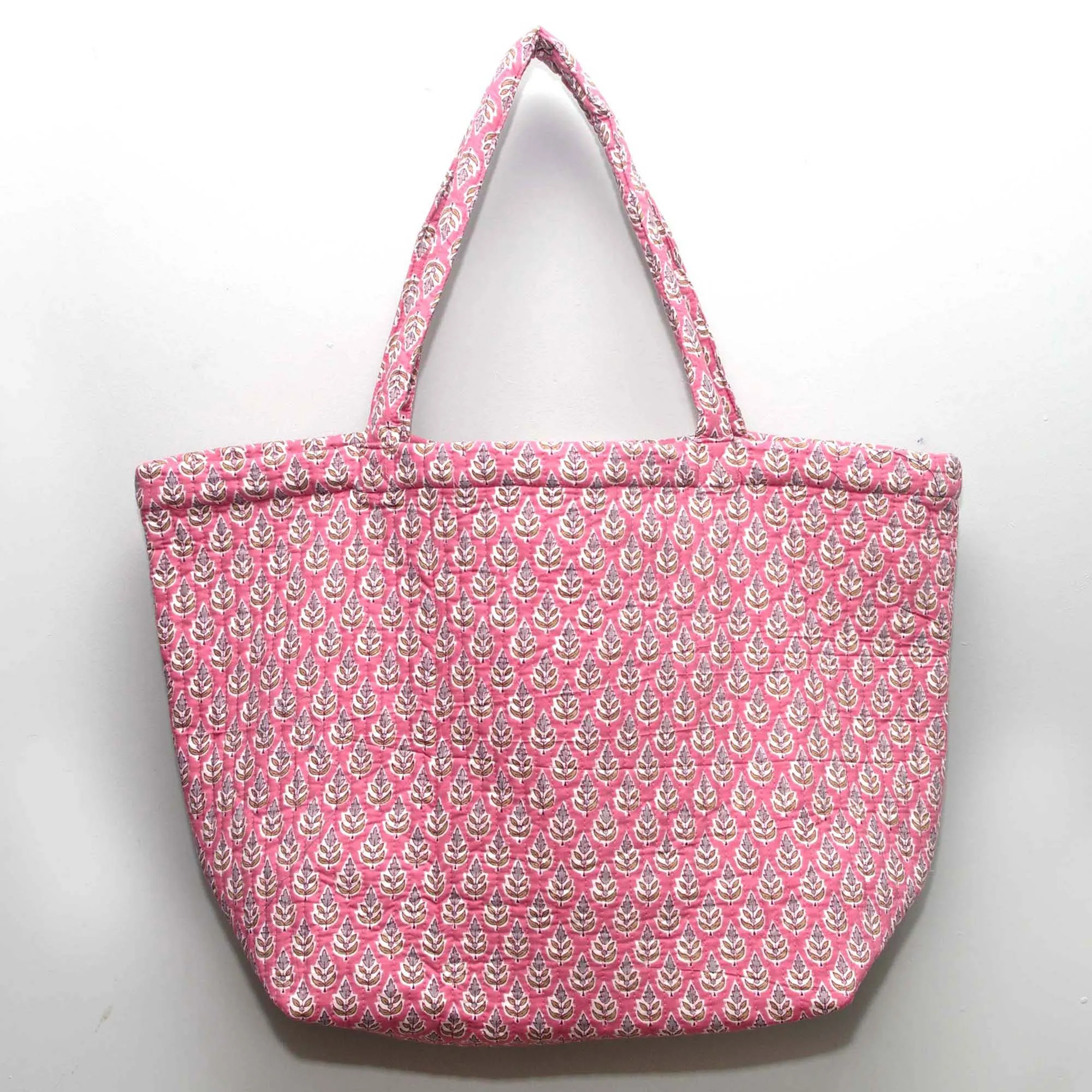 Cotton Quilted Large Shopping / Beach Bag - Baby Pink Motif
