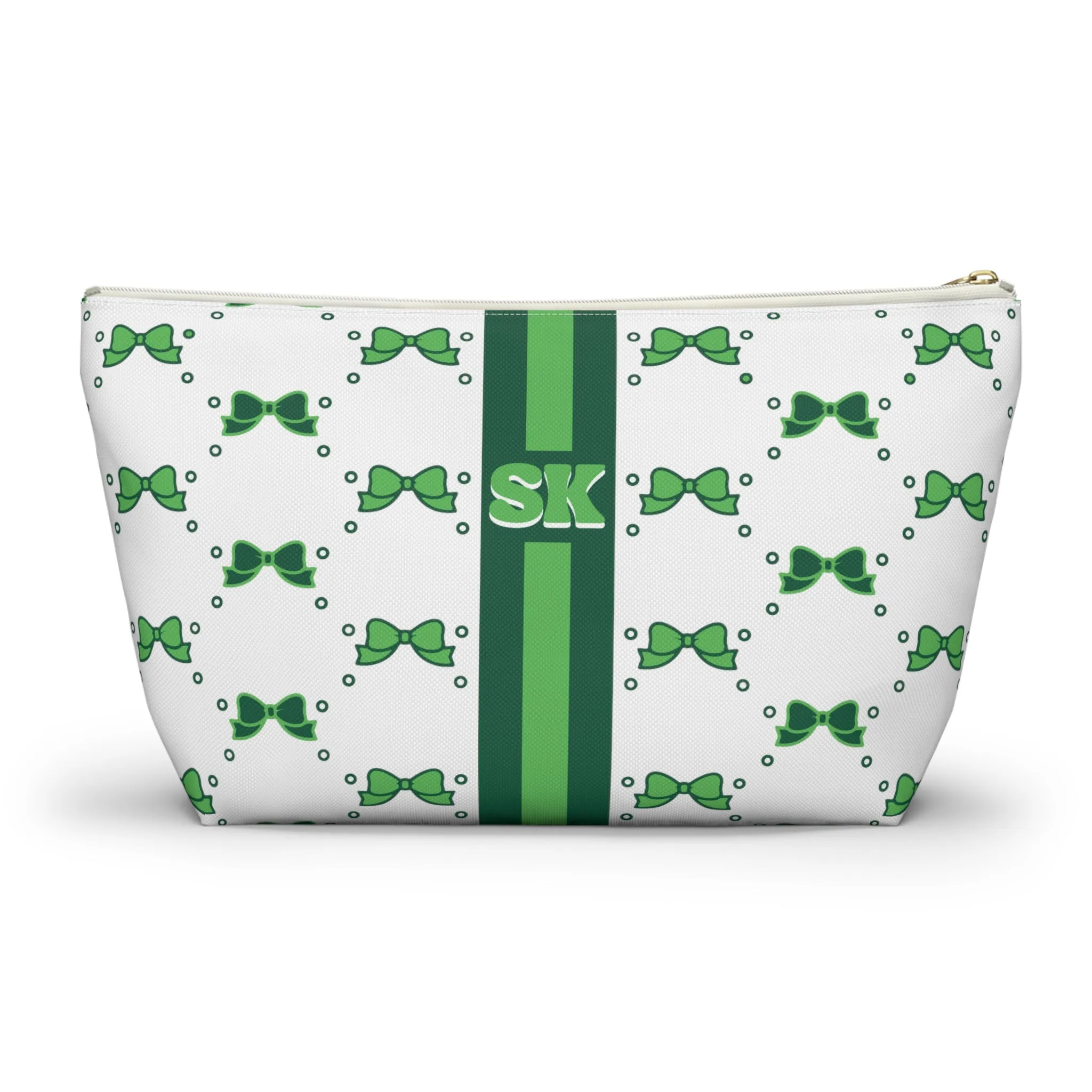 Custom Initial Personalized Bow Makeup Bag - Custom Initial, Makeup Bag, Green and White, Binghamton, Personalized, Bow Aesthetic