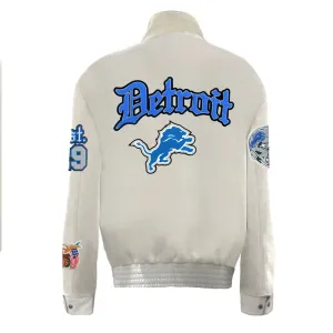 DETROIT LIONS WOOL & LEATHER VARSITY OLD ENGLISH JACKET WHITE