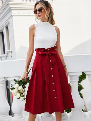 Elegant Plain Paper Bag Waist High Waist Midi Women Skirts