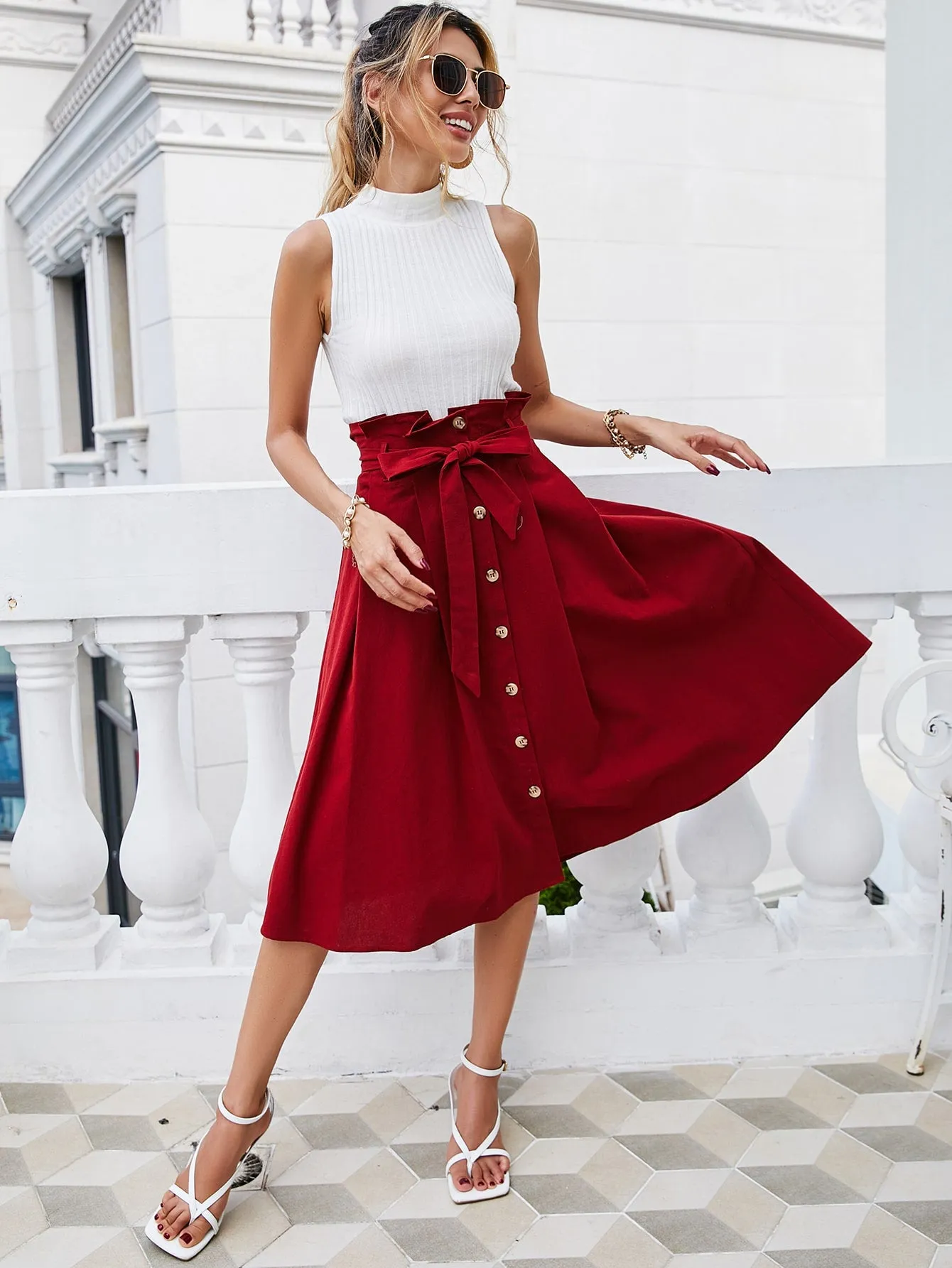 Elegant Plain Paper Bag Waist High Waist Midi Women Skirts