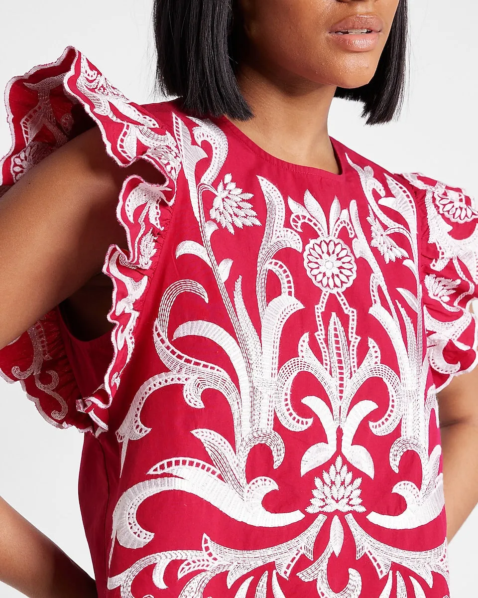 Embroidered Ruffle Sleeve Top in Gorgeous Pink