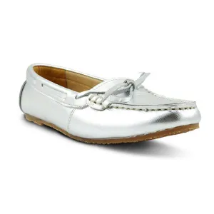 Gorgeous Girl Lace Leather Moccasin Liquid Silver