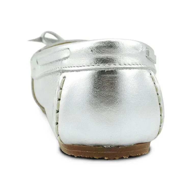 Gorgeous Girl Lace Leather Moccasin Liquid Silver