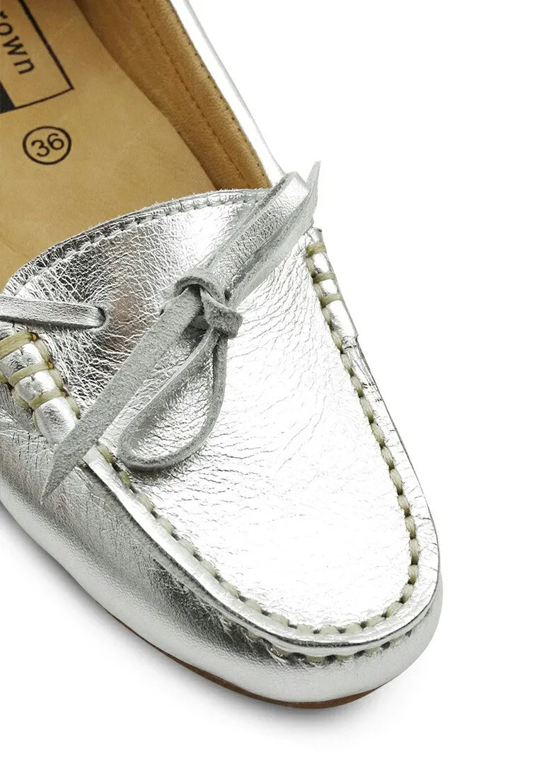 Gorgeous Girl Lace Leather Moccasin Liquid Silver