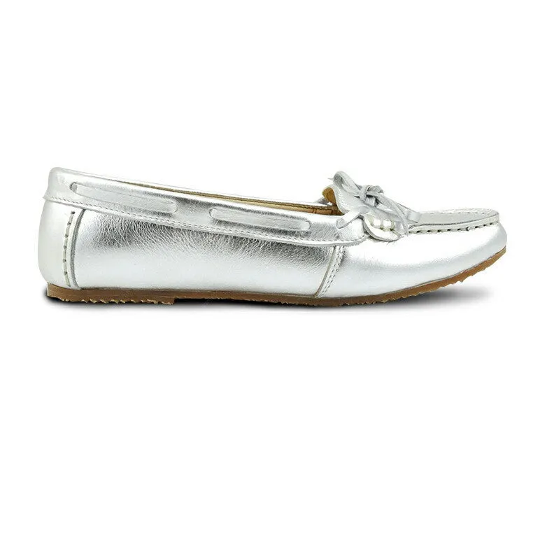 Gorgeous Girl Lace Leather Moccasin Liquid Silver