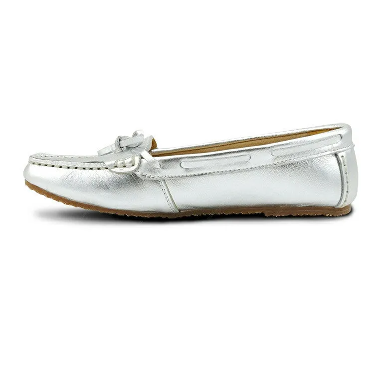 Gorgeous Girl Lace Leather Moccasin Liquid Silver