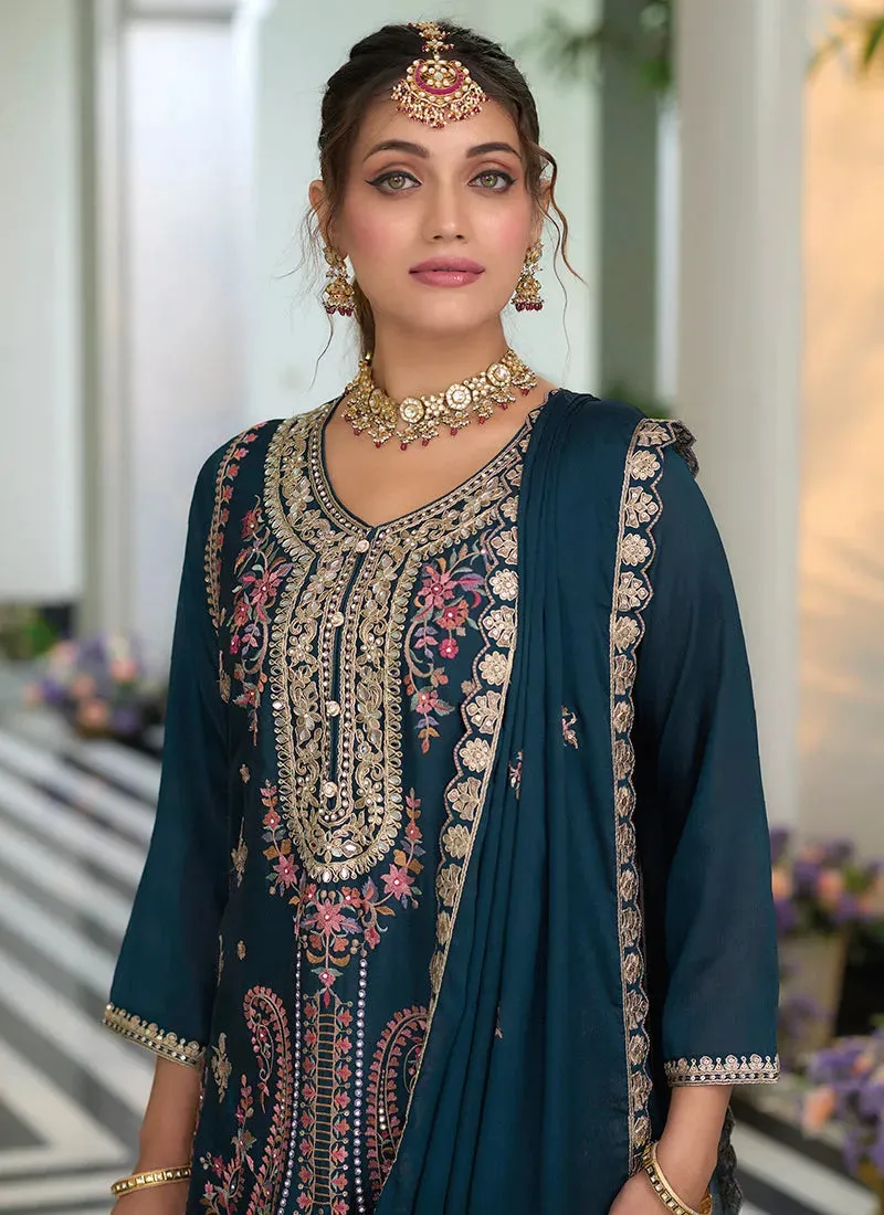 Gorgeous Turquoise Multi Embroidered Traditional Palazzo Suit