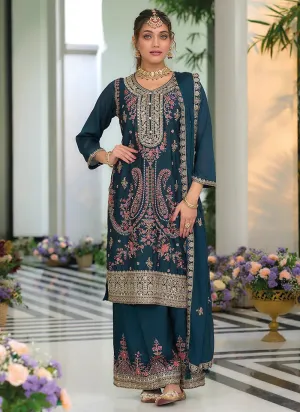 Gorgeous Turquoise Multi Embroidered Traditional Palazzo Suit
