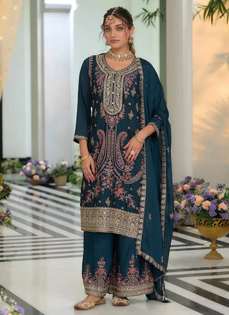 Gorgeous Turquoise Multi Embroidered Traditional Palazzo Suit
