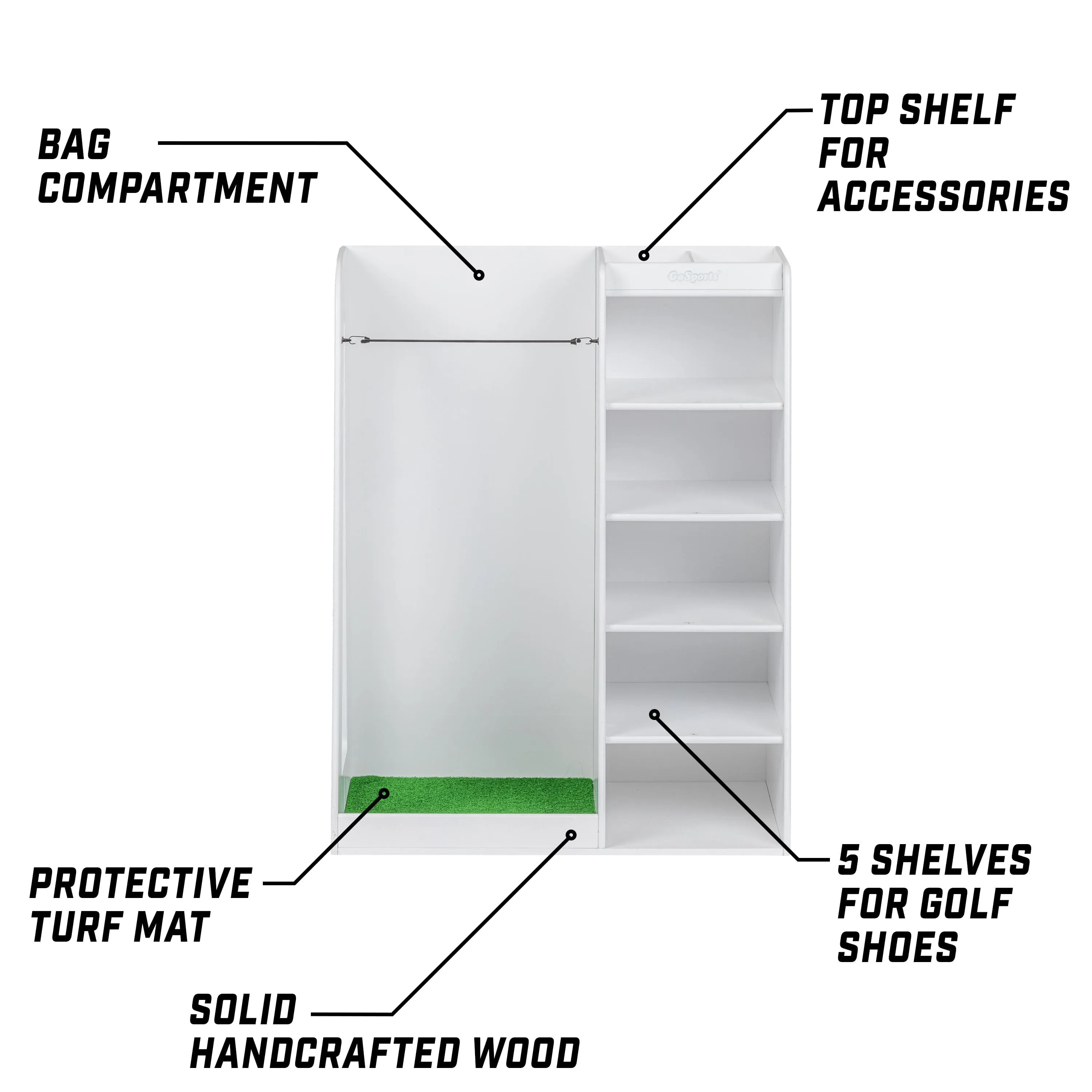GoSports Premium Wooden Golf Bag Organizer and Storage Rack - White