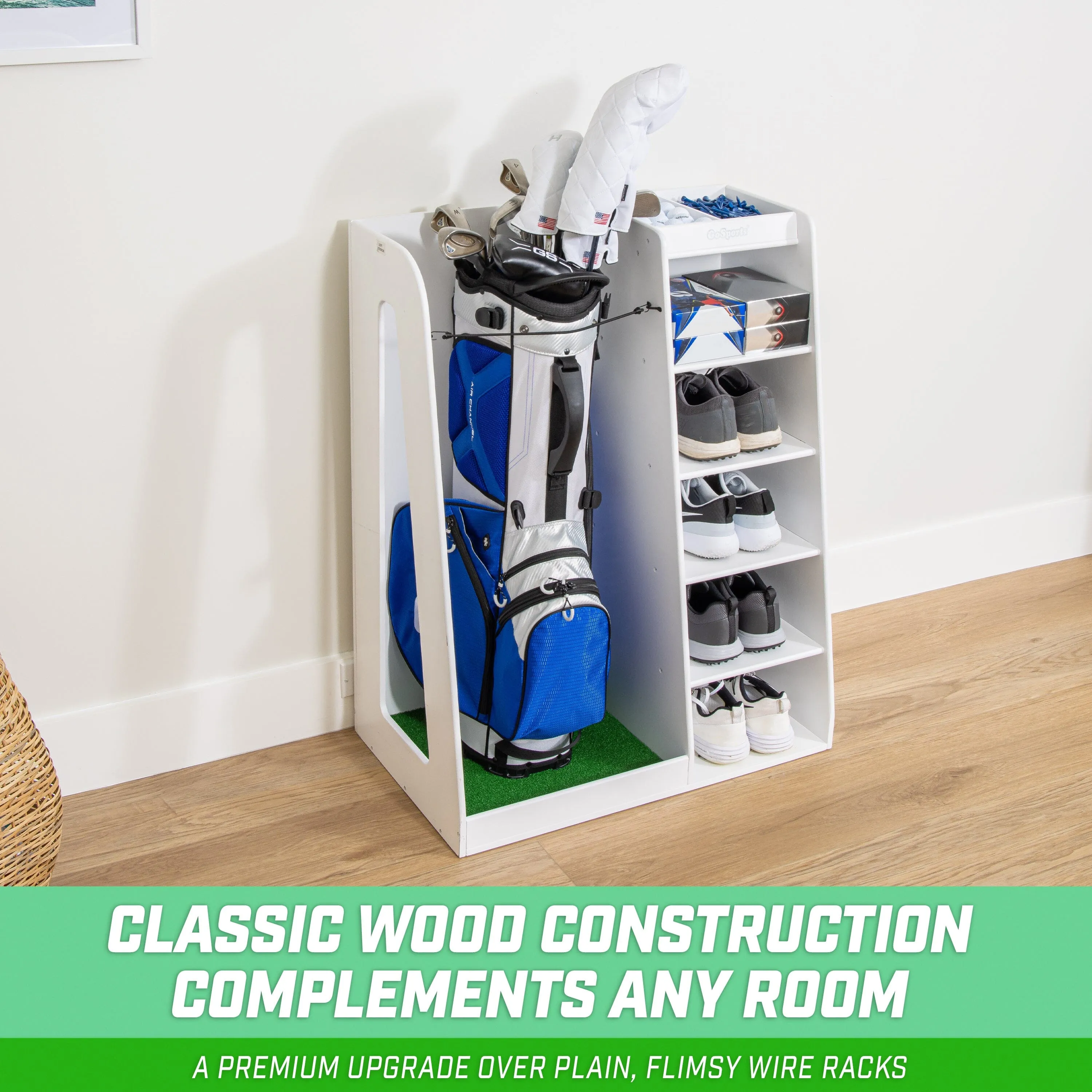 GoSports Premium Wooden Golf Bag Organizer and Storage Rack - White