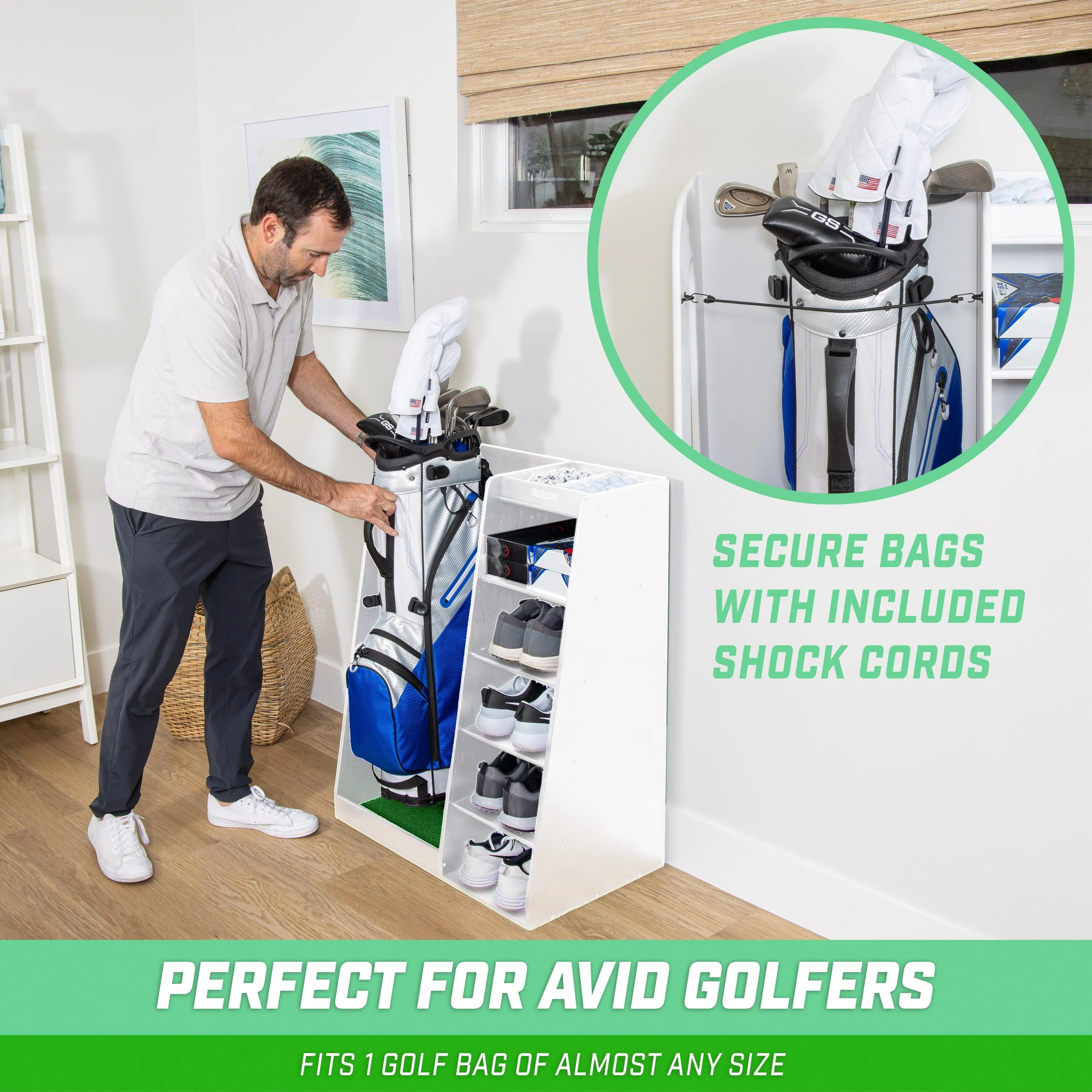 GoSports Premium Wooden Golf Bag Organizer and Storage Rack - White