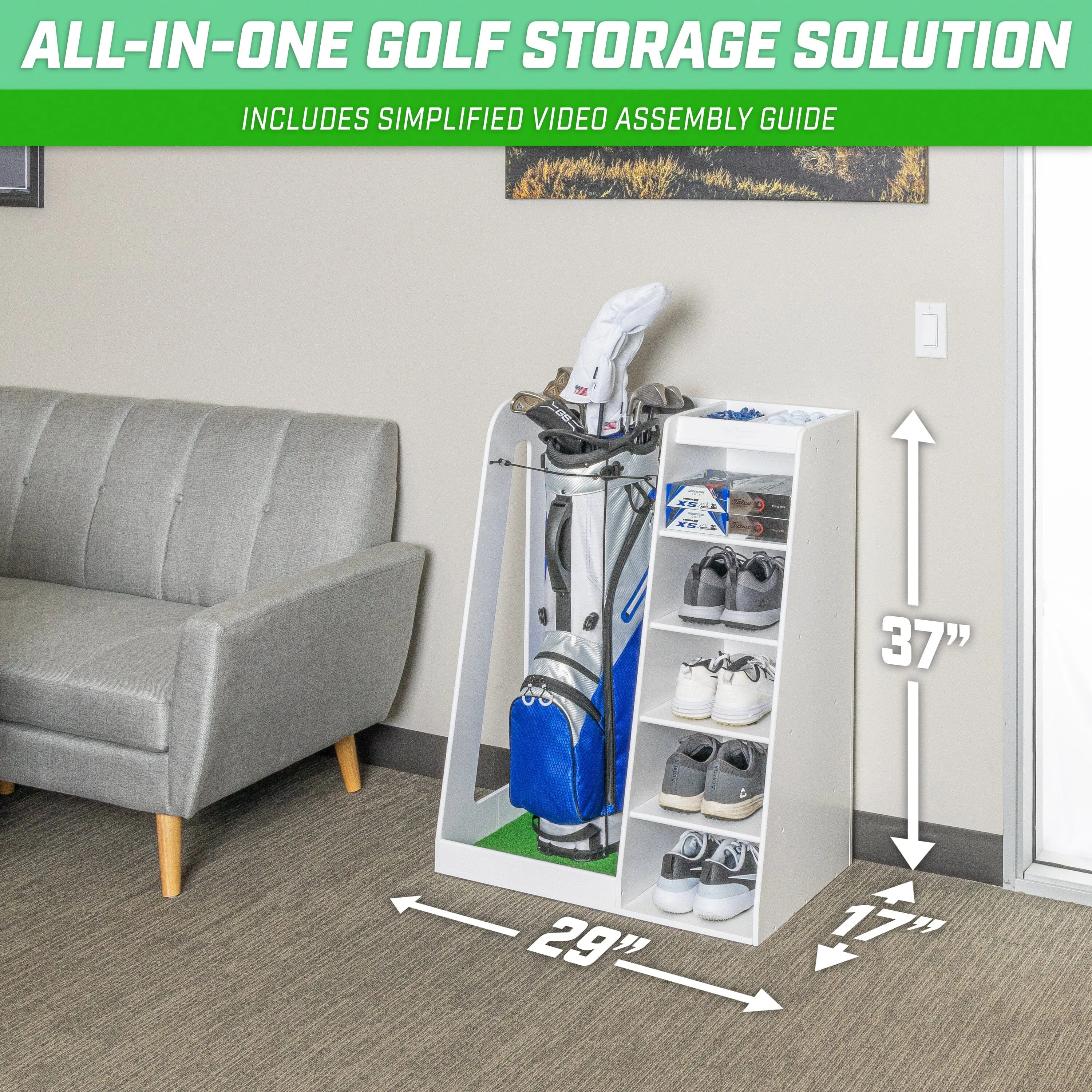GoSports Premium Wooden Golf Bag Organizer and Storage Rack - White