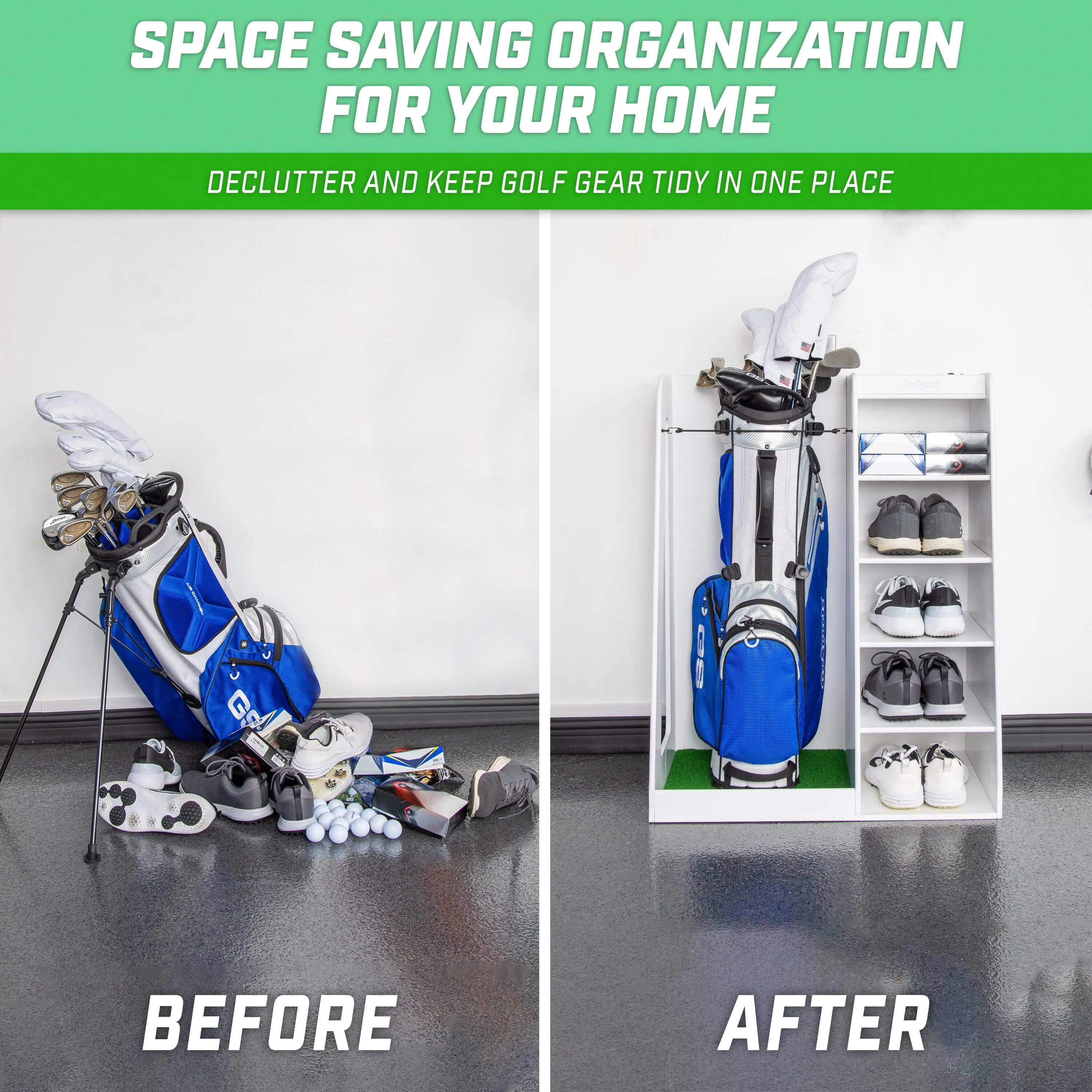 GoSports Premium Wooden Golf Bag Organizer and Storage Rack - White