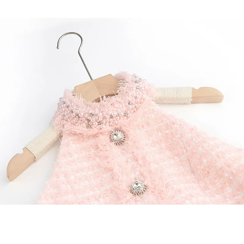 HarleyFashion Women Rhinestone Pink Tweed Backless Dress Tassel Diamonds Buttons Lady Bodycon Mini Dresses