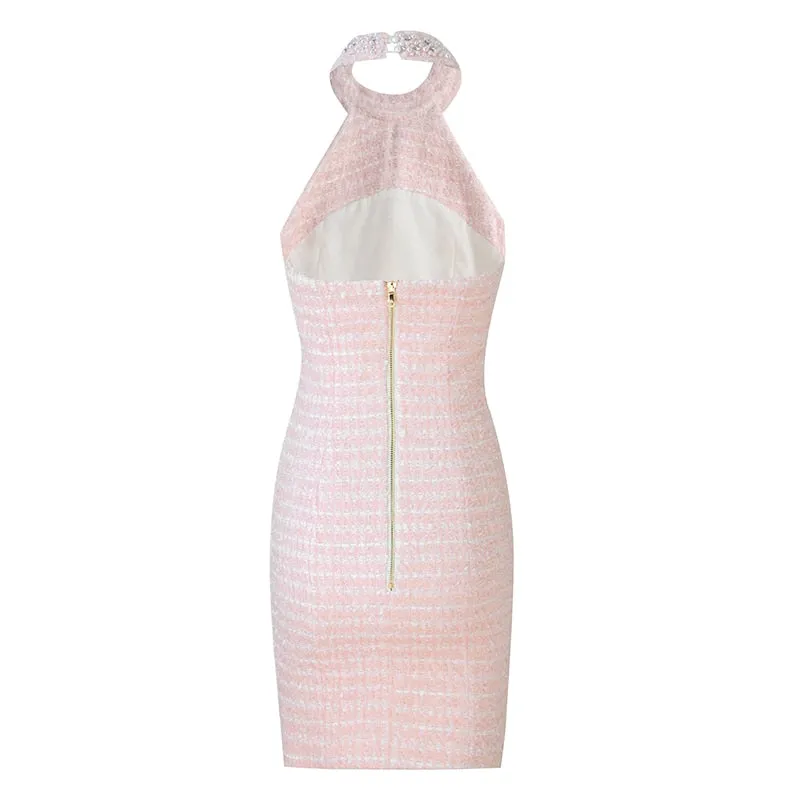 HarleyFashion Women Rhinestone Pink Tweed Backless Dress Tassel Diamonds Buttons Lady Bodycon Mini Dresses