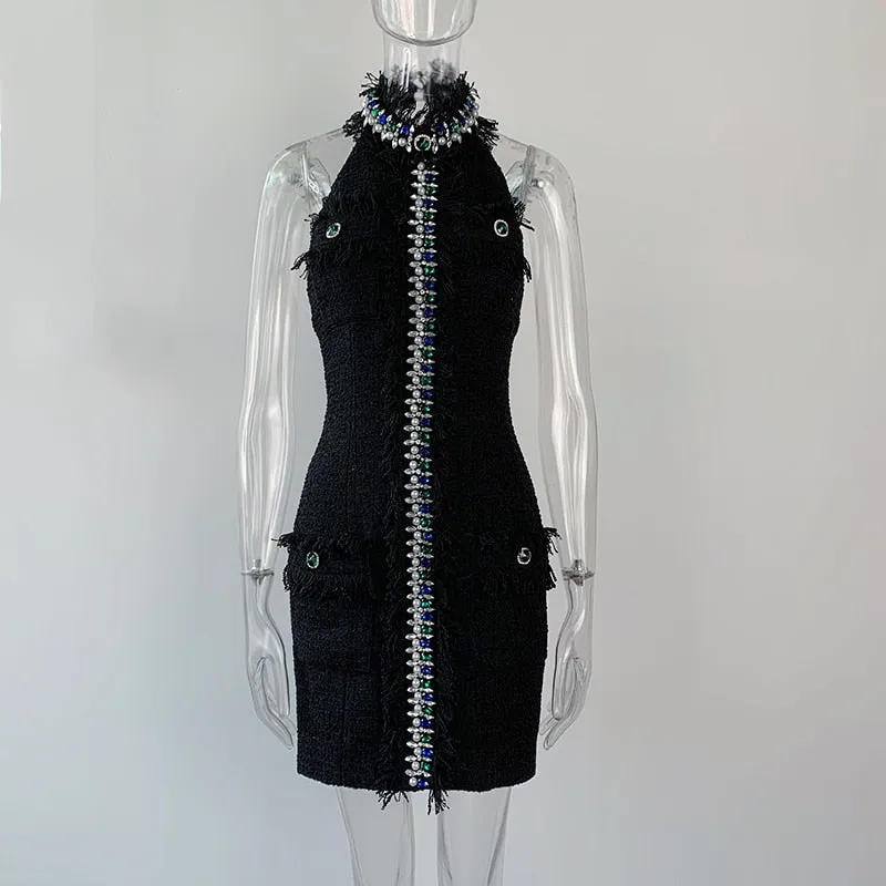 HarleyFashion Women Rhinestone Pink Tweed Backless Dress Tassel Diamonds Buttons Lady Bodycon Mini Dresses