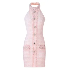 HarleyFashion Women Rhinestone Pink Tweed Backless Dress Tassel Diamonds Buttons Lady Bodycon Mini Dresses