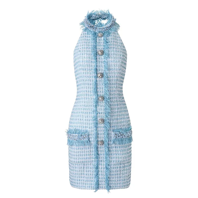 HarleyFashion Women Rhinestone Pink Tweed Backless Dress Tassel Diamonds Buttons Lady Bodycon Mini Dresses