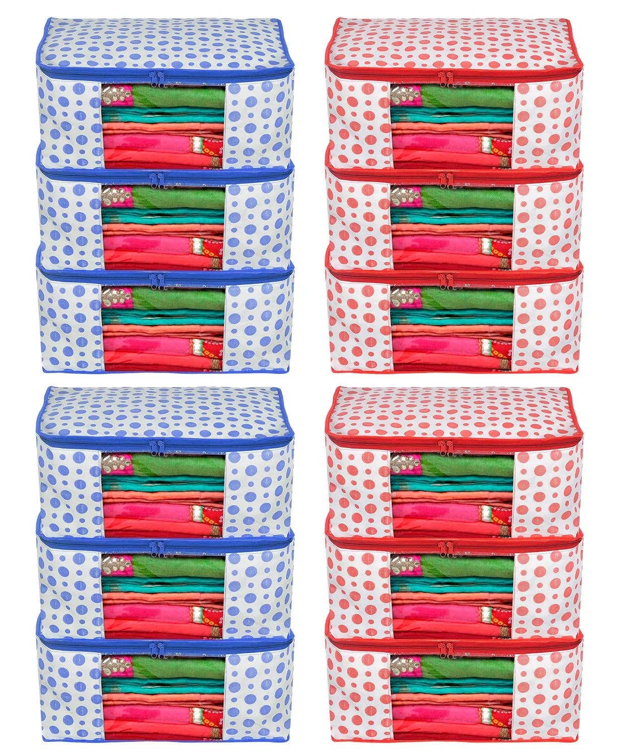 Heart Home Dot Printed Non-Woven Saree Cover, Cloth Organizer, Wardrobe Organiser With Tranasparent Window- Pack of 12 (Blue & Pink)-46HH0516