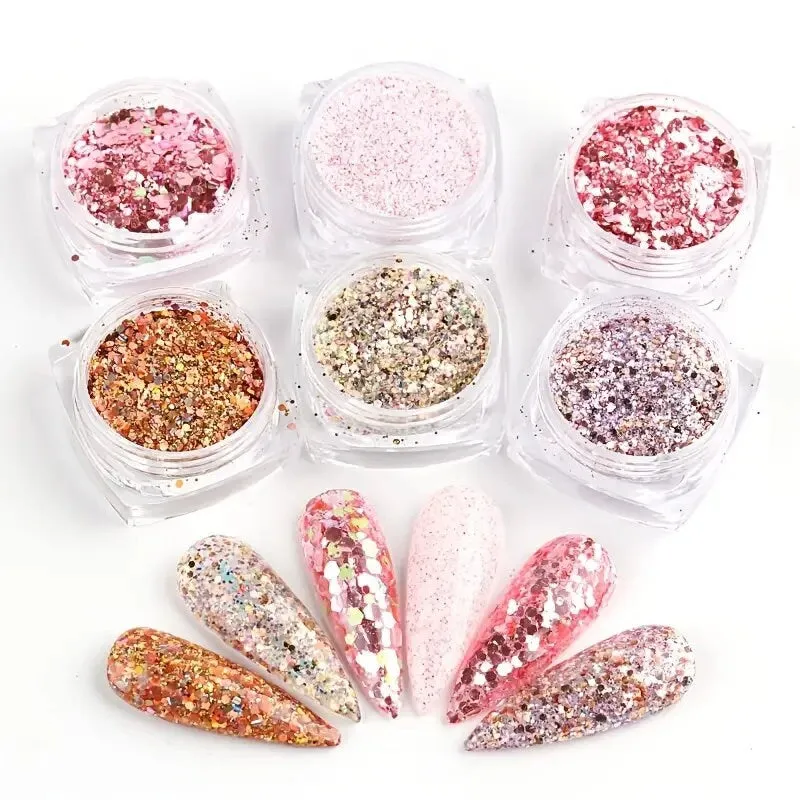 Holographic Nail Art Sequins Glitter Kits 6 Boxes Metallic Shining Flakes Gold Nail Glitter Set Acrylic Powder Dust Hexagon Nail