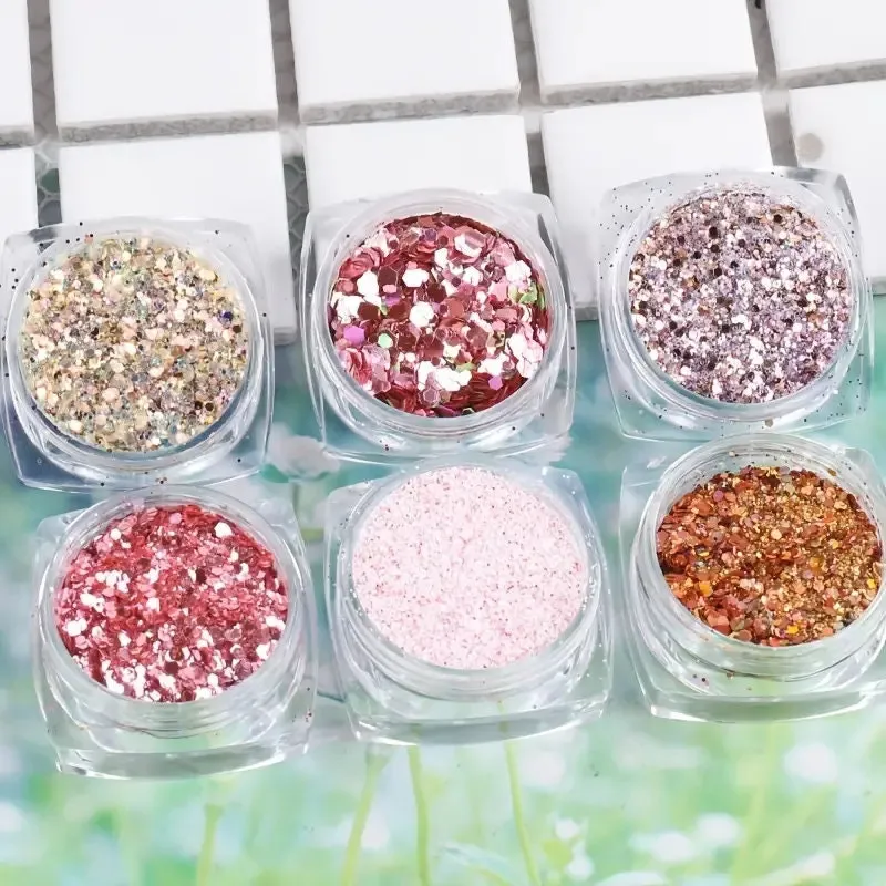 Holographic Nail Art Sequins Glitter Kits 6 Boxes Metallic Shining Flakes Gold Nail Glitter Set Acrylic Powder Dust Hexagon Nail