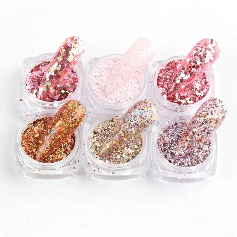 Holographic Nail Art Sequins Glitter Kits 6 Boxes Metallic Shining Flakes Gold Nail Glitter Set Acrylic Powder Dust Hexagon Nail