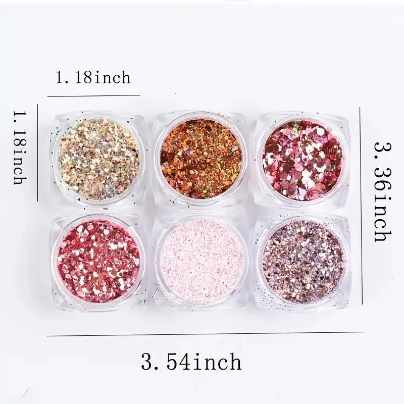 Holographic Nail Art Sequins Glitter Kits 6 Boxes Metallic Shining Flakes Gold Nail Glitter Set Acrylic Powder Dust Hexagon Nail