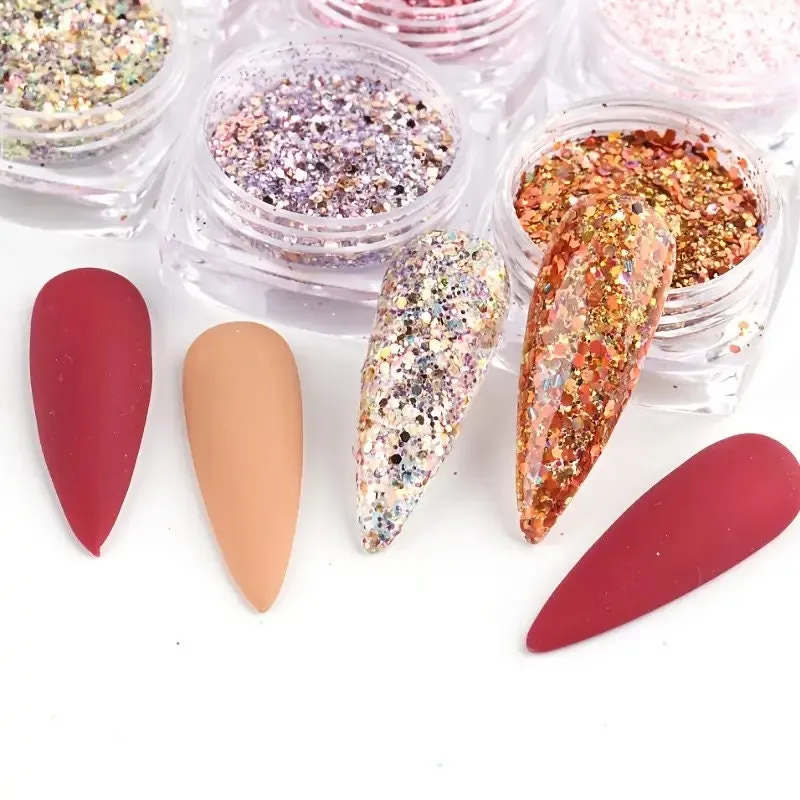 Holographic Nail Art Sequins Glitter Kits 6 Boxes Metallic Shining Flakes Gold Nail Glitter Set Acrylic Powder Dust Hexagon Nail