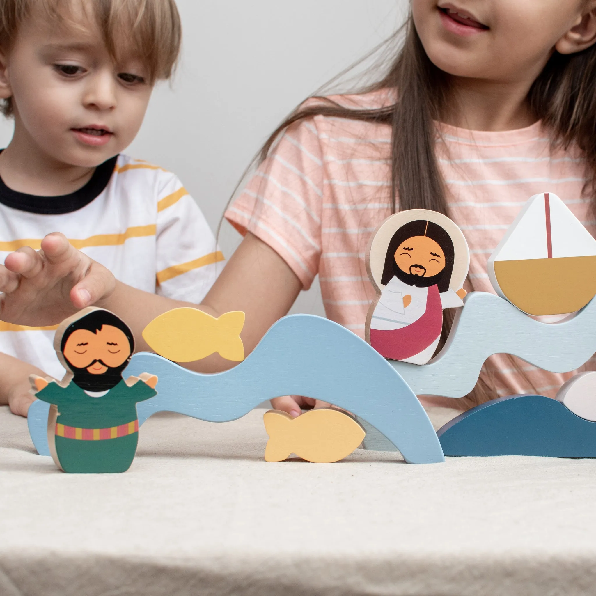 Jesus & St. Peter Walk On Water Wooden Wave Stacker Toy