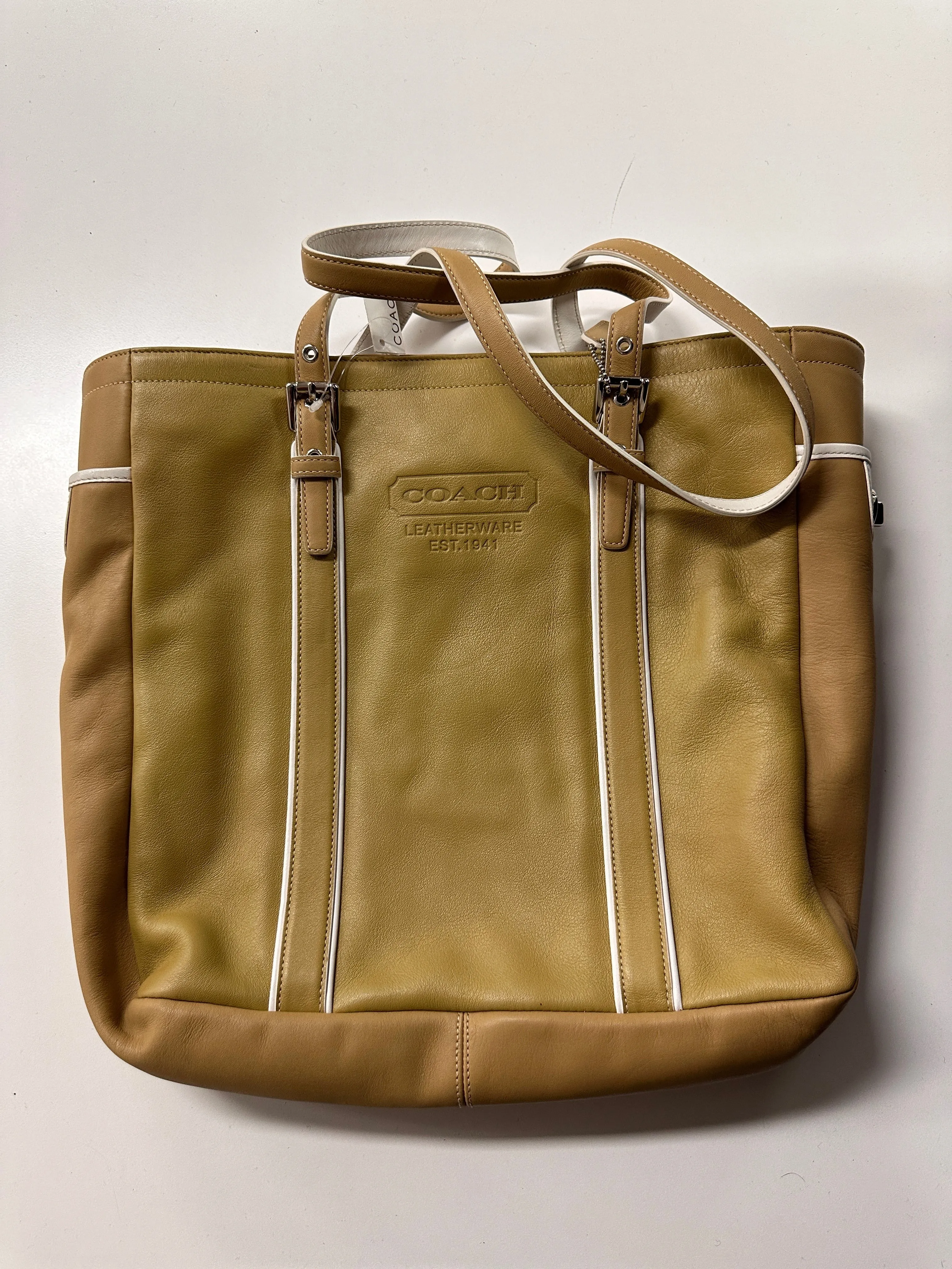 Leather Tote bag in Mustard Yellow and White