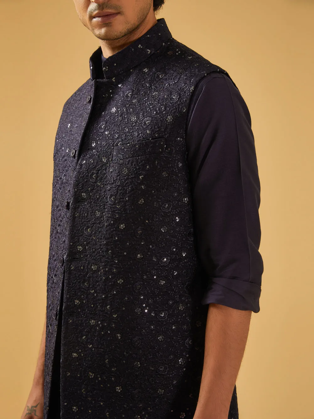 Navy Silk Long Waistcoat