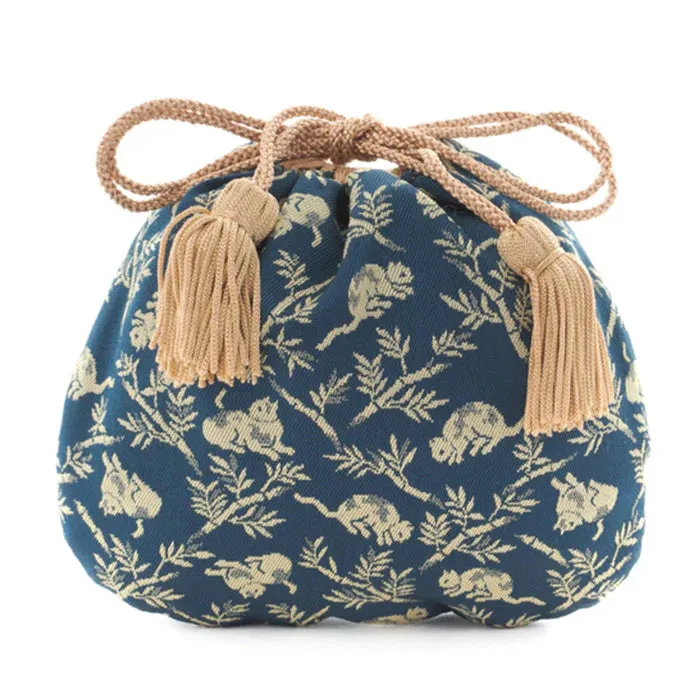 Nishijin-ori Small Drawstring Bag - Bamboo Groves and Cats / Navy Blue -,  Made in Kyoto, Japan,  Japanese traditional craft purse