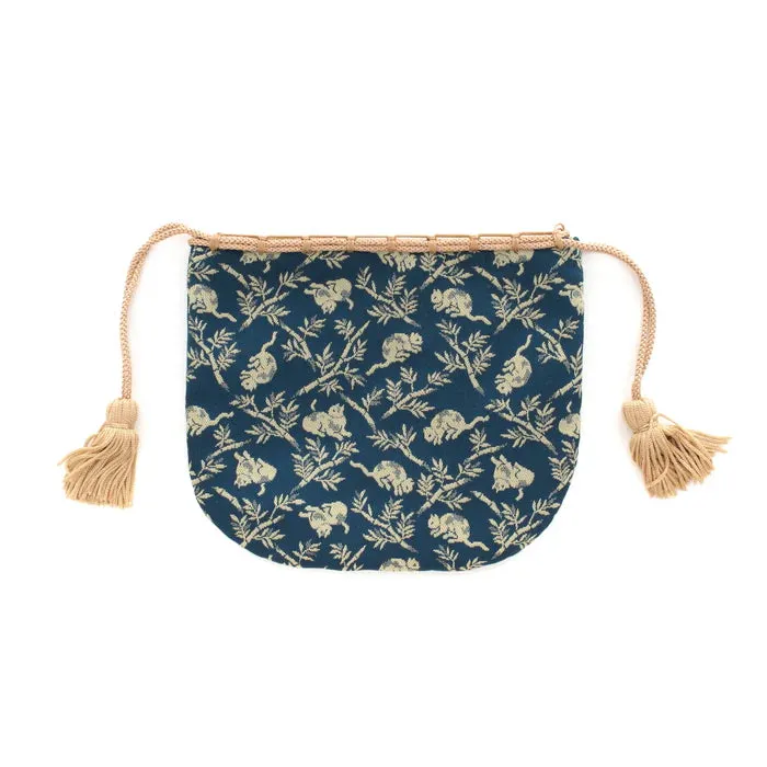 Nishijin-ori Small Drawstring Bag - Bamboo Groves and Cats / Navy Blue -,  Made in Kyoto, Japan,  Japanese traditional craft purse