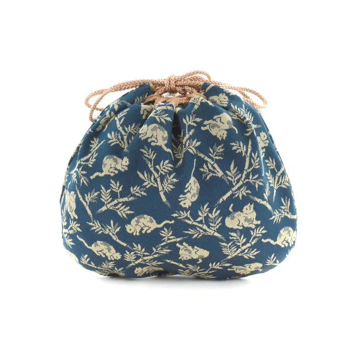 Nishijin-ori Small Drawstring Bag - Bamboo Groves and Cats / Navy Blue -,  Made in Kyoto, Japan,  Japanese traditional craft purse