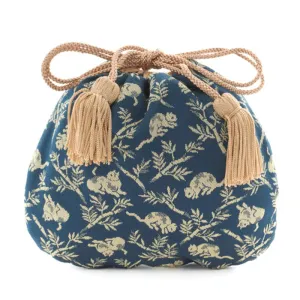 Nishijin-ori Small Drawstring Bag - Bamboo Groves and Cats / Navy Blue -,  Made in Kyoto, Japan,  Japanese traditional craft purse